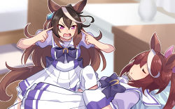 Rule 34 | 2girls, :o, animal ears, blurry, blurry background, bow, bowtie, breasts, brown hair, closed eyes, commentary request, cowboy shot, ear ornament, frilled skirt, frills, hair between eyes, hair ribbon, high ponytail, horse ears, horse girl, horse tail, horseshoe ornament, invincible (series), large breasts, long hair, looking at another, lower teeth only, lying, matsumoto tomoyohi, meme, multicolored hair, multiple girls, on back, on bed, open mouth, pink ribbon, pleated skirt, pointing, pointing at self, puffy short sleeves, puffy sleeves, purple bow, purple bowtie, purple eyes, purple shirt, ribbon, sailor collar, sailor shirt, school uniform, serafuku, shirt, short sleeves, sidelocks, skirt, sleeping, standing, streaked hair, symboli rudolf (umamusume), tail, teeth, thighhighs, think mark think! (meme), tokai teio (umamusume), tracen school uniform, trait connection, two-tone hair, umamusume, white hair, white skirt, white thighhighs, zettai ryouiki