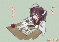 Rule 34 | 1girl, ahoge, blush, bowl, brown eyes, brown hair, dated, drooling, food, food request, green background, headgear, holding, holding spoon, japanese clothes, kimono, lamb (hitsujiniku), long sleeves, mouth drool, open mouth, plate, rice, solo, spoon, table, touhoku kiritan, translation request, tray, twintails, upper body, v-shaped eyebrows, voiceroid, white kimono, wide sleeves