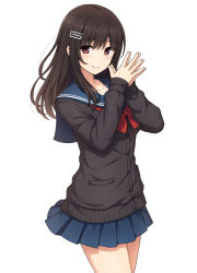 Rule 34 | 1girl, black cardigan, black hair, blue sailor collar, blue skirt, blush, bow, breasts, brown eyes, brown hair, cardigan, closed mouth, collarbone, commentary request, fingernails, hair between eyes, hair ornament, hairclip, hands up, long hair, long sleeves, nakamura sumikage, original, own hands together, pleated skirt, red bow, sailor collar, school uniform, serafuku, simple background, skirt, sleeves past wrists, small breasts, smile, solo, white background