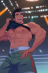 Rule 34 | 1boy, abs, bara, bare pectorals, black hair, black tank top, blush, clothes lift, green shorts, highres, indoors, large pectorals, little mac, male focus, milkiato, muscular, muscular male, navel, nintendo, nipples, one eye closed, open mouth, pectorals, punch-out!!, short hair, shorts, smile, solo, tank top, wrestling ring
