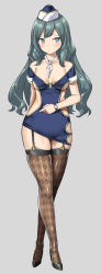 Rule 34 | 1girl, bare shoulders, black thighhighs, blue hat, breasts, commentary request, flight attendant, green hair, grey background, hat, long hair, looking at viewer, medium breasts, original, simple background, solo, thighhighs, travel attendant, tyone, white background, white hat