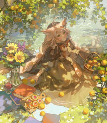 Rule 34 | 1girl, absurdres, ahoge, animal ears, antenna hair, basket, beret, book, bow, bowtie, braid, branch, brown cape, brown eyes, brown hat, cape, commission, cookie, cup, dappled sunlight, day, dress, drinking glass, ema3, flower, food, fruit, fruit tree, grass, hair ornament, hat, highres, lavender (flower), leaf, light blush, light smile, long hair, long skirt, long sleeves, looking at viewer, on grass, on ground, orange (fruit), original, outdoors, puffy sleeves, purple flower, see-through clothes, sitting, skirt, smile, solo, sunflower, sunlight, thumbprint cookie, tree, twin braids, vase, very long hair, water, white flower, wine glass, yellow flower