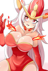 Rule 34 | 1girl, absurdres, bare shoulders, borrowed character, breasts, cinderace, cleavage, collarbone, covered navel, creatures (company), game freak, gen 8 pokemon, gloves, highres, large breasts, long hair, looking at viewer, lucyfer, nintendo, open mouth, original, personification, pokemon, red eyes, red gloves, smile, solo, teeth, upper teeth only, white hair