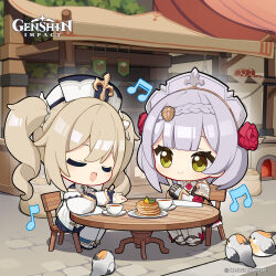 Rule 34 | 2girls, absurdres, apron, armor, armored dress, barbara (genshin impact), berry, bird, black gloves, blonde hair, blunt bangs, braid, chibi, closed eyes, closed mouth, coffee cup, commentary, copyright name, cup, disposable cup, dress, english commentary, flower, food, genshin impact, gloves, green eyes, grey hair, hair flower, hair ornament, hat, highres, long hair, looking at another, mint, multiple girls, musical note, no nose, noelle (genshin impact), official art, on chair, open mouth, pancake, pantyhose, plate, red flower, red rose, rose, shoulder armor, sitting, table, white apron, white dress, white footwear, white hat, white pantyhose
