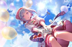 Rule 34 | 1girl, :o, aircraft, airplane, balloon, biplane, blue sky, bob cut, bow, cherry hair ornament, cloud, collarbone, colored inner hair, diagonal bangs, dress, dress bow, food-themed clothes, food-themed hair ornament, from below, game cg, gloves, grey hair, hair ornament, highres, holding, holding balloon, inverted bob, knees together feet apart, lace, lace-trimmed gloves, lace-trimmed headwear, lace trim, link! like! love live!, looking at viewer, love live!, medium dress, multicolored hair, off-shoulder dress, off shoulder, official art, open mouth, pink eyes, polka dot, polka dot dress, puffy short sleeves, puffy sleeves, red bow, red dress, red hair, short hair, short sleeves, sky, smoke trail, solo, streaked hair, sun, third-party source, virtual youtuber, white dress, white gloves, yugiri tsuzuri