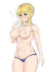 Rule 34 | 1girl, ahoge, artoria pendragon (fate), artoria pendragon (lancer) (fate), blue eyes, blue panties, braid, breasts, commentary, commentary request, cowboy shot, fate/grand order, fate/stay night, fate (series), french braid, hair between eyes, koucha indian, large breasts, navel, nipples, panties, parted lips, sidelocks, sweat, swept bangs, underwear, waving arm, white background