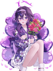 Rule 34 | 1girl, absurdres, blue archive, blush, feet out of frame, floral print, flower, frilled sleeves, frills, hair between eyes, hairband, halo, happy birthday, haruka (blue archive), haruka (new year) (blue archive), highres, japanese clothes, kimono, long hair, long sleeves, looking at viewer, obi, official alternate costume, open mouth, petals, pink flower, print kimono, purple eyes, purple hair, purple hairband, purple halo, purple kimono, red flower, sash, simple background, socks, solo, white background, white socks, yagen (user mxur3238)