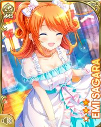 Rule 34 | 1girl, :d, blue eyes, bow, character name, dress, closed eyes, female focus, girlfriend (kari), gloves, hair ribbons, indoors, looking at viewer, medium hair, night, official art, open mouth, orange hair, pink bow, qp:flapper, ribbon, sagara emi, smile, solo, tagme, two side up, white bow, white dress, white gloves