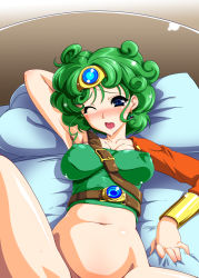 Rule 34 | 1girl, armpits, belt, bottomless, breasts, chunsoft, dragon quest, dragon quest iv, ebido, enix, covered erect nipples, green hair, heroine (dq4), large breasts, lying, navel, no bra, open mouth, pillow, solo, wince