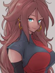 Rule 34 | 1girl, android 21, blue eyes, breasts, checkered clothes, checkered dress, closed mouth, dragon ball, dragon ball fighterz, dress, earrings, grey background, hair between eyes, hoop earrings, jewelry, kemachiku, large breasts, long hair, looking at viewer, no eyewear, red hair, simple background, smile, solo, upper body