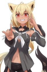 Rule 34 | 1girl, absurdres, ahoge, alternate color, animal ear fluff, animal ears, black hoodie, black shorts, blonde hair, blush, braid, breasts, commentary request, detached sleeves, double fox shadow puppet, earrings, fox ears, fox girl, fox shadow puppet, fox tail, grin, hair between eyes, highres, hololive, hood, hoodie, idol showdown, jewelry, long hair, looking at viewer, midriff, navel, neckerchief, outstretched arm, pentagram, red eyes, shirakami fubuki, shirakami fubuki (1st costume), shirata98, shorts, sidelocks, simple background, single braid, small breasts, smile, solo, tail, virtual youtuber, white background, white neckerchief