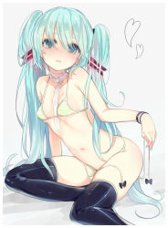 Rule 34 | 1girl, aqua eyes, aqua hair, bandages, bikini, black thighhighs, blush, bow, breasts, covered erect nipples, hatsune miku, heart, kojiki-life, long hair, looking at viewer, md5 mismatch, navel, nose blush, open mouth, resized, resolution mismatch, simple background, sitting, small breasts, solo, source smaller, sparkle, striped bikini, striped clothes, swimsuit, thighhighs, twintails, untied bikini, upscaled, very long hair, vocaloid, white background