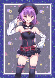 Rule 34 | 1girl, absurdres, bare shoulders, black thighhighs, breasts, detached collar, fate/grand order, fate (series), hand on own hip, hat, helena blavatsky (fate), highres, looking at viewer, notus 23, purple eyes, purple hair, short hair, small breasts, smile, solo, strapless, thighhighs