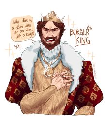 Rule 34 | 1boy, absurdres, animification, beard, brown hair, burger king, cropped torso, crown, english text, facial hair, highres, jewelry, laughing, male focus, mustache, necklace, ozumii, ring, simple background, smile, solo, the king, white background