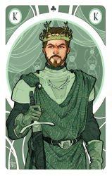 Rule 34 | 1boy, a song of ice and fire, armor, artist name, beard, brown hair, crown, facial hair, game of thrones, gloves, green eyes, male focus, renly baratheon, simona bonafini, solo, sword, weapon