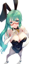 Rule 34 | .live, 1girl, absurdres, alternate costume, animal ears, blush, breasts, collarbone, commentary request, detached sleeves, fake animal ears, green eyes, green hair, gyo hasu, highres, kagura suzu (.live), large breasts, leotard, long hair, looking at viewer, pantyhose, playboy bunny, rabbit ears, side ponytail, simple background, smile, solo, standing, virtual youtuber, white background