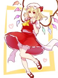 Rule 34 | 1girl, absurdres, ascot, back bow, bloomers, bow, breasts, closed mouth, collared shirt, double v, flandre scarlet, frilled skirt, frills, full body, gensou@kauchin, hair between eyes, hat, hat ribbon, heart, highres, large bow, light smile, looking at viewer, mary janes, multicolored wings, puffy short sleeves, puffy sleeves, red eyes, red footwear, red ribbon, red skirt, red vest, ribbon, shirt, shoes, short sleeves, simple background, skirt, skirt set, small breasts, socks, solo, touhou, underwear, v, vest, white background, white bloomers, white bow, white hat, white shirt, white socks, wings, wrist cuffs, yellow ascot
