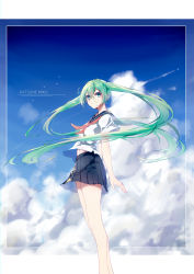 Rule 34 | 1girl, absurdres, alternate costume, aqua eyes, aqua hair, arms at sides, bare legs, bird, blue sailor collar, blue skirt, blue sky, character name, closed mouth, cloud, day, expressionless, feet out of frame, from side, hatsune miku, highres, long hair, looking at viewer, looking to the side, miniskirt, navel, neckerchief, outdoors, pleated skirt, red neckerchief, sailor collar, school uniform, serafuku, shirt, short sleeves, skirt, sky, solo, tareme, teay (ttttteay), twintails, very long hair, vocaloid, white shirt