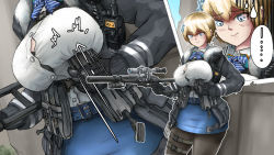 Rule 34 | 1girl, ammunition pouch, anomonny, blonde hair, blue eyes, blue skirt, breasts, girls&#039; frontline, gun, highres, inconvenient breasts, large breasts, magazine (weapon), miniskirt, mole, mole under eye, pantyhose, pouch, rifle, scope, shirt, short hair, skirt, sniper rifle, solo, tactical clothes, tight clothes, tight shirt, vsk-94 (girls&#039; frontline), weapon