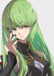 Rule 34 | 1girl, absurdres, bare shoulders, breasts, c.c., closed mouth, code geass, detached sleeves, fingernails, green nails, hair between eyes, hand up, highres, light green hair, long hair, long sleeves, medium breasts, nail polish, pakotaroh, sidelocks, simple background, smile, solo, straight hair, turtleneck, upper body, white background, yellow eyes