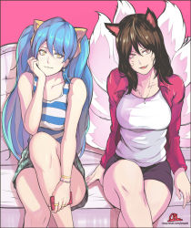 Rule 34 | 2girls, ahri (league of legends), animal ears, artist name, blue hair, bracelet, breasts, brown hair, cal (pmgdd), cellphone, crossed legs, earrings, facial mark, fang, fox ears, fox tail, hair ribbon, head tilt, jacket, jewelry, large breasts, league of legends, long hair, looking at viewer, multiple girls, multiple tails, necklace, open clothes, open jacket, phone, red eyes, ribbon, ring, shirt, sitting, smile, smirk, sona (league of legends), striped clothes, striped shirt, tail, twintails, watermark, web address, whisker markings, yellow eyes