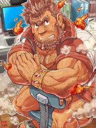 Rule 34 | 1boy, absurdres, arm hair, bara, beard, blush, brown hair, bunta ru, chest hair, dark-skinned male, dark skin, facial hair, fire, hairy, highres, jacket, jinn (housamo), leg hair, looking at viewer, male focus, mature male, monitor, muscular, muscular male, no pants, old, old man, open clothes, open jacket, pectoral cleavage, pectorals, sandals, short hair, sitting, sleeves rolled up, solo, sweatdrop, thighs, tokyo houkago summoners, track jacket, translation request, unibrow, wrinkled skin
