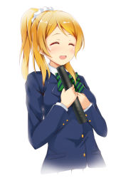 Rule 34 | 10s, 1girl, :d, ^ ^, ayase eli, blazer, blonde hair, breasts, diploma, closed eyes, graduation, hair ornament, jacket, long hair, love live!, love live! school idol project, ok-ray, open mouth, ponytail, school uniform, scrunchie, smile, solo, teeth, tube, white background