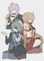 3girls anaxa_(honkai:_star_rail) aqua_hair armlet armor black_shorts blonde_hair blue_eyes braid cape commentary crop_top cropped_legs ellygretta eyepatch gauntlets genderswap genderswap_(mtf) grey_background hashtag-only_commentary high-waist_shorts highres honkai:_star_rail honkai_(series) jewelry long_hair looking_at_viewer multiple_girls mydei_(honkai:_star_rail) phainon_(honkai:_star_rail) red_tattoo shorts shoulder_armor side_braid simple_background smile white_hair yellow_eyes