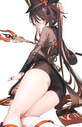 Rule 34 | 1girl, ass, black coat, black hat, black shorts, blush, breasts, brown hair, coat, coattails, flower, genshin impact, hat, hat flower, highres, hu tao (genshin impact), long hair, long sleeves, looking at viewer, looking back, plum blossoms, red eyes, shorts, small breasts, solo, staff of homa (genshin impact), symbol-shaped pupils, thighs, twintails, very long hair, xkirara39x