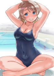 Rule 34 | 1girl, armpits, arms behind head, arms up, blue eyes, blue one-piece swimsuit, blue theme, blush, breasts, cleavage, competition school swimsuit, crossed legs, eyelashes, feet, female focus, gonta (gshoutai), grin, happy, highres, light brown hair, looking at viewer, love live!, love live! sunshine!!, medium breasts, medium hair, one-piece swimsuit, pool, school swimsuit, sitting, skin tight, skindentation, smile, solo, swept bangs, swimsuit, tagme, watanabe you, water, wet, wet clothes, wet swimsuit, wide hips
