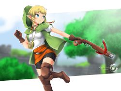 Rule 34 | 1girl, belt, bike shorts, blonde hair, blue eyes, blue sky, boots, bow (weapon), braid, brown footwear, brown thighhighs, capelet, castle, choker, compass, cowboy shot, crossbow, day, gloves, green capelet, highres, hood, hyrule warriors, jewelry, linkle, looking back, necklace, nintendo, orcaleon, outdoors, parted lips, pointy ears, running, shirt, short sleeves, sidelocks, skirt, sky, solo, the legend of zelda, thigh boots, thighhighs, tree, twin braids, weapon, zettai ryouiki