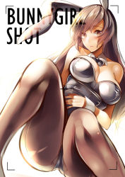 Rule 34 | 1girl, amane ruri, animal ears, ass, bare shoulders, black pantyhose, breasts, brown eyes, brown hair, choker, cleavage, detached collar, fake animal ears, hand on own stomach, large breasts, leotard, long hair, off shoulder, open mouth, original, pantyhose, parted lips, playboy bunny, rabbit ears, ribbon choker, sitting, solo