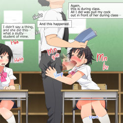 Rule 34 | 1boy, 2girls, afterimage, age difference, aomizuan, black hair, black necktie, blurry, blush, book, breasts, brown eyes, censored, chair, classroom, clothed sex, depth of field, desk, embarrassed, english text, exhibitionism, fellatio, hard-translated, head out of frame, knees together feet apart, looking at another, motion blur, multiple girls, necktie, oral, pants, penis, public indecency, pussy juice, pussy juice drip, school, school chair, school desk, school uniform, shirt, short sleeves, small breasts, standing, teacher, teacher and student, textbook, third-party edit, white shirt