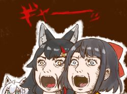 Rule 34 | 3girls, ahoge, animal ear fluff, animal ears, aqua eyes, black hair, blue eyes, bow, bright pupils, brown background, commentary request, fox ears, fox girl, hair ornament, hairclip, hololive, long hair, looking ahead, looking at viewer, looking away, looking to the side, multicolored hair, multiple girls, nekoyama, nose, ookami mio, oozora subaru, open mouth, parody, parody request, portrait, red bow, red hair, shirakami fubuki, short hair, simple background, sketch, streaked hair, teeth, translation request, two-tone hair, virtual youtuber, white hair, white pupils, wolf ears, wolf girl, yellow eyes