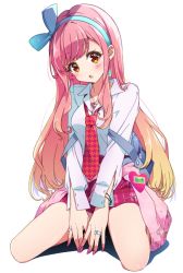 Rule 34 | 1girl, :o, aikatsu! (series), aikatsu friends!, bag, blue bow, blush, bow, bracelet, breasts, breasts squeezed together, brown eyes, cardigan, clothes around waist, collared shirt, commentary request, earrings, fashion, gradient hair, gyaru, hair bow, hairband, heart, heart necklace, highres, ichijo rei, jewelry, kogal, long hair, long sleeves, looking at viewer, loose necktie, medium breasts, multicolored hair, nail art, nail polish, necklace, necktie, open mouth, orange hair, pin, pink hair, plaid, plaid skirt, pleated skirt, ring, school bag, school uniform, seiza, shirt, shoulder bag, simple background, sitting, skirt, solo, sparkle, sparkling eyes, swept bangs, unbuttoned, unbuttoned shirt, unbuttoned sleeves, white background, yuki aine