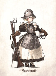 Rule 34 | antique firearm, apron, armor, armored dress, blonde hair, chest armor, firearm, firelock, gloves, gun, hand on hilt, highres, holding, holding gun, holding weapon, ironlily, long sleeves, maid, maid apron, matchlock, musket, original, puffy long sleeves, puffy sleeves, red eyes, saber (weapon), sword, weapon, white apron