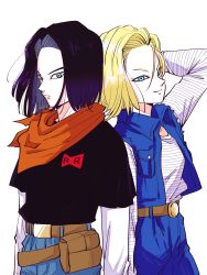 Rule 34 | 1boy, 1girl, absurdres, android 17, android 18, arm at side, arms at sides, back-to-back, bandana, belt, black hair, black shirt, blonde hair, blue eyes, brother and sister, denim, denim skirt, dragon ball, dragonball z, expressionless, fanny pack, floating hair, hand in own hair, highres, jeans, light smile, long sleeves, looking away, miiko (drops7), neckerchief, orange bandana, orange neckerchief, pants, red ribbon army, shirt, short hair, short sleeves, siblings, simple background, skirt, smile, standing, striped clothes, striped shirt, twins, upper body, waistcoat, white background