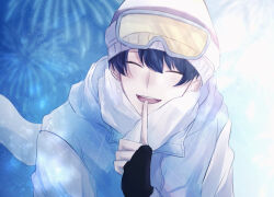 Rule 34 | 1boy, 91 1tada, black gloves, blue hair, blue jacket, closed eyes, facing viewer, finger to mouth, fingerless gloves, gloves, irei yasuhito, jacket, long sleeves, male focus, open mouth, scarf, short hair, shushing, smile, solo, wind boys!, winter hat