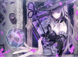 1girl absurdres black_choker black_dress black_hat breasts character_doll choker closed_mouth commentary_request detached_sleeves dice dress frills hat herta_(honkai:_star_rail) highres honkai:_star_rail honkai_(series) long_hair looking_at_viewer medium_breasts purple_eyes purple_hair sanshoku_dango_(shukosuko) smile strapless strapless_dress the_herta_(honkai:_star_rail) witch witch_hat