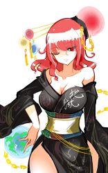 Rule 34 | 1girl, alternate costume, alternate headwear, arm at side, bare shoulders, black kimono, breasts, chain, cleavage, collarbone, cowboy shot, curvy, earrings, earth (ornament), eyes visible through hair, floral print, gold chain, hecatia lapislazuli, highres, hip focus, japanese clothes, jewelry, kimono, large breasts, long hair, long sleeves, looking at viewer, moon (ornament), obi, off shoulder, pink lips, raptor7, red eyes, red hair, sash, side slit, simple background, smile, solo, thighs, touhou, white background, wide hips, wide sleeves