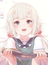 Rule 34 | 1girl, andychen, animal, apron, blue eyes, collarbone, fish, green apron, hair tie, highres, holding, holding animal, holding fish, long hair, looking at viewer, low twintails, open mouth, original, school uniform, serafuku, shirt, short sleeves, sidelocks, simple background, solo, teeth, twintails, upper body, white background, white hair, white shirt