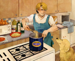 Rule 34 | 10s, 1boy, apron, bad id, bad pixiv id, blonde hair, blue eyes, bottle, box, cabinet, can, cooking, counter, dog, food, heart, indoors, john (tiger &amp; bunny), keith goodman, kitchen, logo, looking at another, male focus, meatball, microwave, oil, olive oil, parted lips, pasta, pot, shirt, short hair, short sleeves, skr tsunakan, smile, solo, spaghetti, stove, tiger &amp; bunny, toned, typo, white shirt