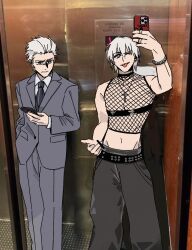 Rule 34 | 2boys, black choker, black necktie, blue eyes, brothers, business suit, choker, crop top, cross, cross necklace, dante (devil may cry), devil may cry, devil may cry (series), devil may cry 3, earrings, formal, grey suit, hair slicked back, highres, holding, jewelry, lunaticanis, male focus, meme, middle finger, midriff, multiple boys, navel, necklace, necktie, siblings, smile, standing, stomach, suit, twins, vergil (devil may cry), white hair