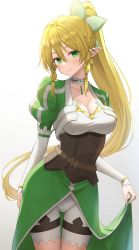 Rule 34 | 1girl, blonde hair, bracelet, braid, breasts, cape, cape lift, choker, cleavage, clothes lift, cowboy shot, detached sleeves, female focus, green cape, green eyes, hair between eyes, hair ornament, high ponytail, highres, jewelry, kanaria hisagi, large breasts, leafa, lifting own clothes, long hair, looking at viewer, pointy ears, ponytail, shorts, solo, standing, sword art online, twin braids, underbust, waist cape, white background, white shorts, white sleeves