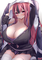 Rule 34 | 1girl, absurdres, arms up, azur lane, bare shoulders, black jacket, black skirt, blush, breasts, bremerton (azur lane), bremerton (relaxation consultation) (azur lane), camisole, cleavage, closed mouth, clothing cutout, collarbone, commentary, grey hair, hair between eyes, hair down, highres, jacket, jacket over head, large breasts, long hair, looking at viewer, mole, mole on breast, mole under eye, multicolored hair, navel cutout, navel piercing, official alternate costume, official alternate hairstyle, piercing, pink eyes, pink hair, purple camisole, purple tank top, rug, sidelocks, simple background, sitting, skirt, solo, streaked hair, tank top, thighhighs, two-tone hair, white background, white thighhighs, yuuki shuri