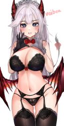 Rule 34 | 1girl, absurdres, asymmetrical gloves, bad id, bad twitter id, black bra, black gloves, black panties, black thighhighs, blue eyes, blush, bow, bowtie, bra, breasts, character name, cleavage, demon girl, demon horns, demon wings, garter belt, garter straps, gloves, grey gloves, grey hair, heart, heart hands, highres, horns, korean commentary, lace, lace-trimmed legwear, lace trim, large breasts, lingerie, long hair, maid headdress, midriff, mismatched gloves, mookie (e mook9), navel, panties, parted lips, red bow, solo, thighhighs, typo, underwear, vei (vtuber), vei (vtuber) (4th costume), virtual youtuber, vshojo, white background, wings