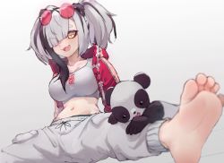 Rule 34 | 1girl, alternate costume, arknights, barefoot, black hair, blurry, blurry foreground, breasts, cleavage, collarbone, commentary, cropped jacket, english commentary, eyewear on head, feater (arknights), feet, foot out of frame, foreshortening, grey background, grey hair, grey pants, hair over one eye, highres, jacket, k-rha&#039;s, large breasts, leaning back, long sleeves, looking at viewer, midriff, multicolored hair, panda, pants, red jacket, sidelocks, soles, sports bra, spread legs, streaked hair, sweatdrop, sweatpants, thick eyebrows, toes, twintails, yellow eyes