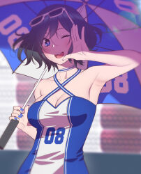 Rule 34 | 1girl, akagi-san who always smells good, akagi naoka, andrian januar adilia, armpits, black hair, blue eyes, blue nails, blue shirt, breasts, cleavage, collarbone, commentary, english commentary, eyewear on head, highres, holding, holding umbrella, large breasts, looking at viewer, number print, one eye closed, open mouth, shade, shirt, short hair, solo, teeth, umbrella, upper body, upper teeth only, white-framed eyewear