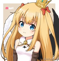 Rule 34 | 1girl, asymmetrical wings, bare shoulders, black wings, blonde hair, blue eyes, bow, breasts, brown background, character name, closed mouth, commentary request, crown, dress, hair bow, long hair, looking at viewer, marl (shironeko project), mini crown, mismatched wings, mitya, red bow, shironeko project, sleeveless, sleeveless dress, small breasts, smile, solo, twitter username, two-tone background, two side up, upper body, very long hair, white background, white dress, white wings, wings