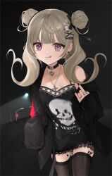 Rule 34 | 1girl, 91 (9 il1), :q, absurdres, alternate costume, black choker, black jacket, black nails, black thighhighs, blonde hair, choker, cross, cross necklace, double bun, ghost hair ornament, hair bun, hair ornament, highres, jacket, jewelry, long hair, necklace, nijisanji, nijisanji en, open clothes, open jacket, purple eyes, reimu endou, ring, solo, thighhighs, tongue, tongue out, virtual youtuber, x hair ornament
